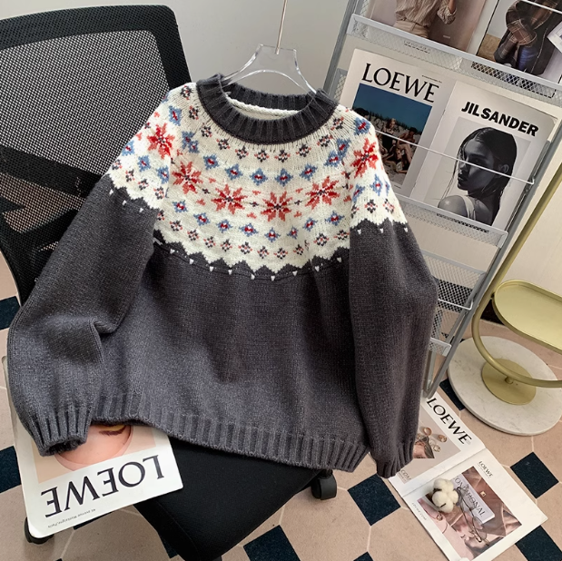 Fair Isle Vintage Jacquard Crew Neck Sweater ED01024