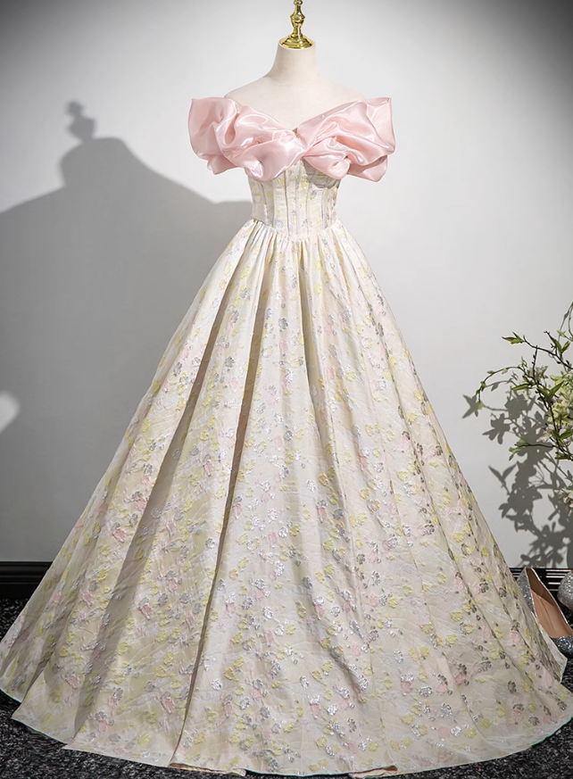 Champagne A-line off-the-shoulder neck satin long ball dress, champagne evening dress ED01030