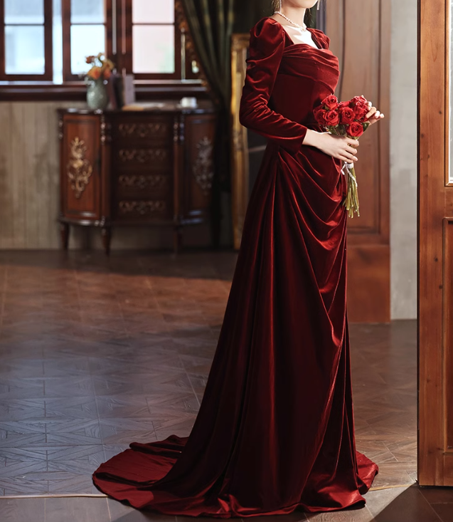 Burgundy A-line square neck velvet long sleeves long prom dress, Burgundy evening dress ED01032