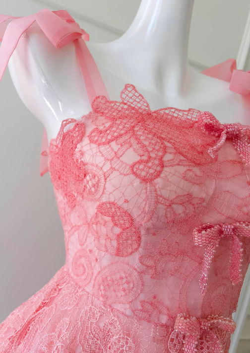 Pink A-line tulle lace short prom dress, pink homecoming dress ED01043