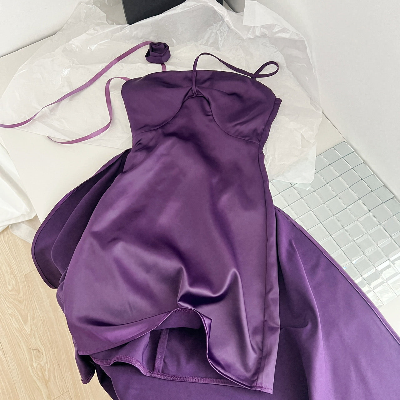 Purple Floral Halter Neck Satin Tube Dress ED01050