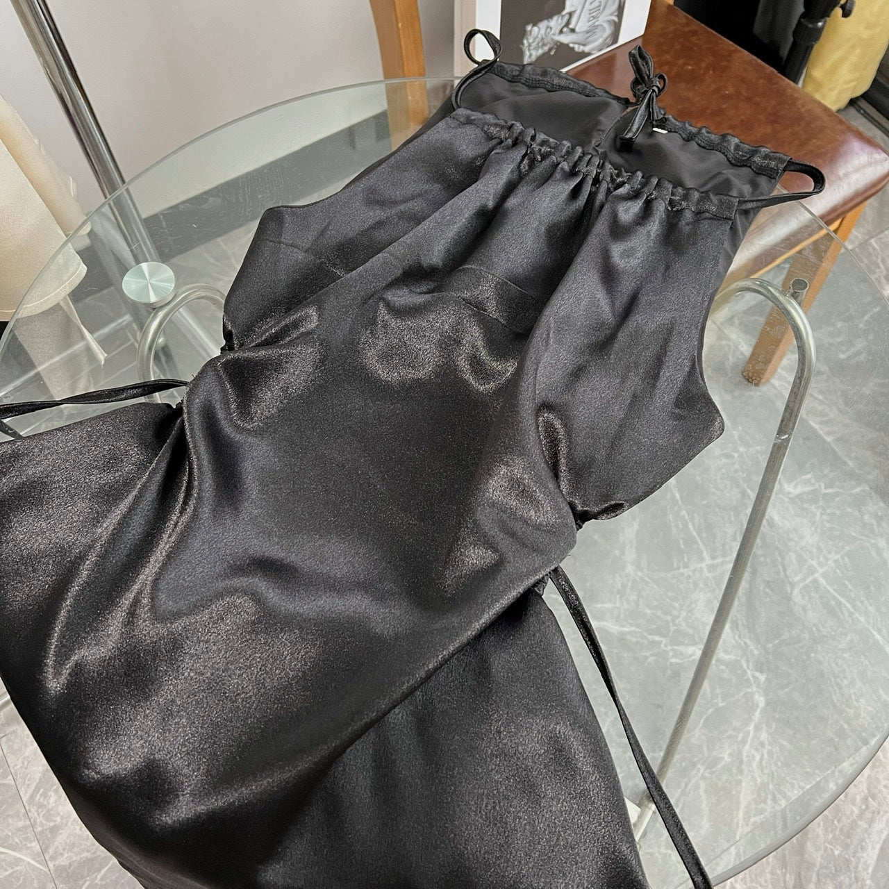 American style waist-baring halter neck pleated dress ED01051