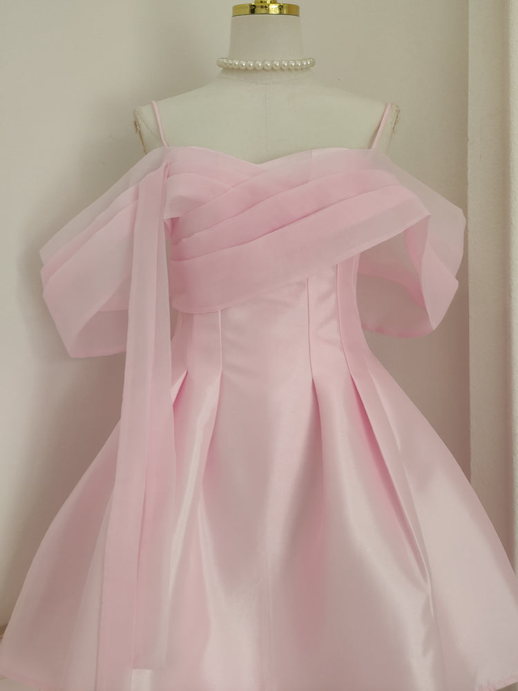 Pink A-line off-the-shoulder tulle satin short prom dress, pink homecoming dress ED01056