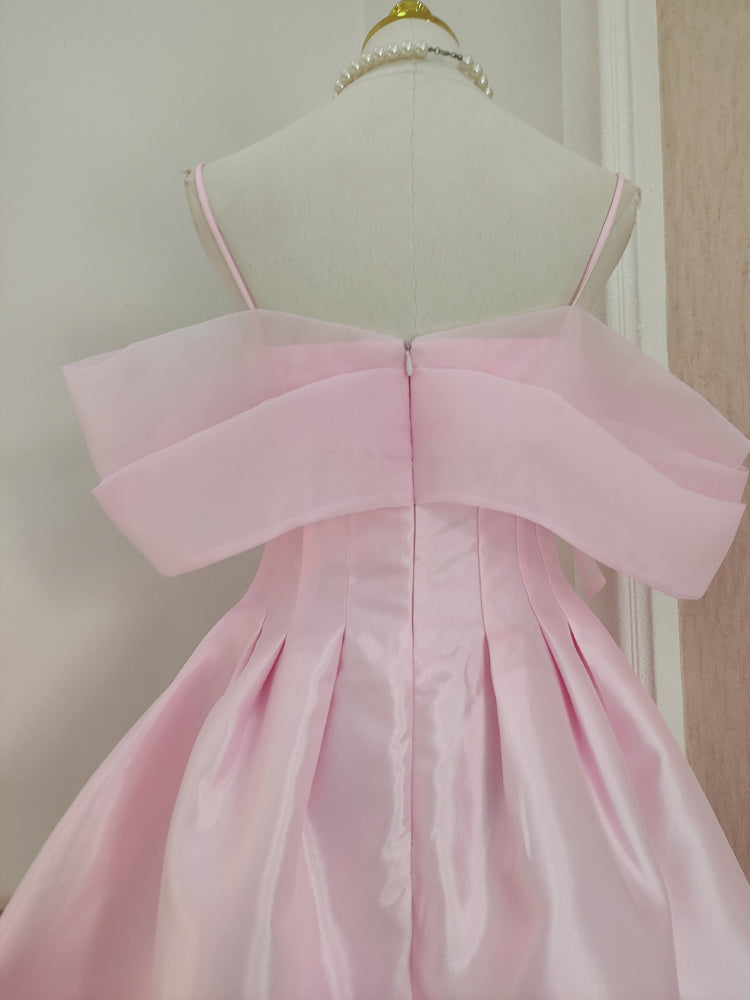 Pink A-line off-the-shoulder tulle satin short prom dress, pink homecoming dress ED01056