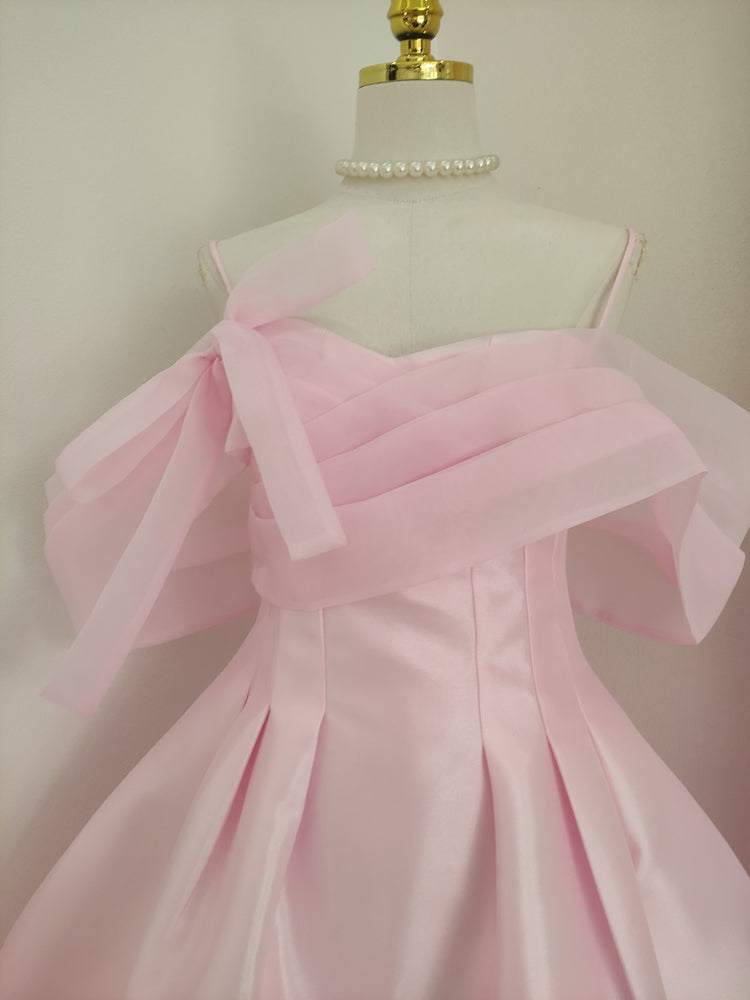 Pink A-line off-the-shoulder tulle satin short prom dress, pink homecoming dress ED01056