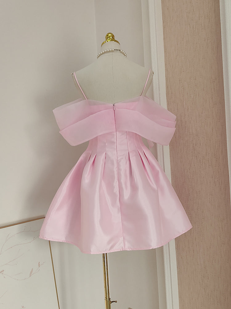 Pink A-line off-the-shoulder tulle satin short prom dress, pink homecoming dress ED01056