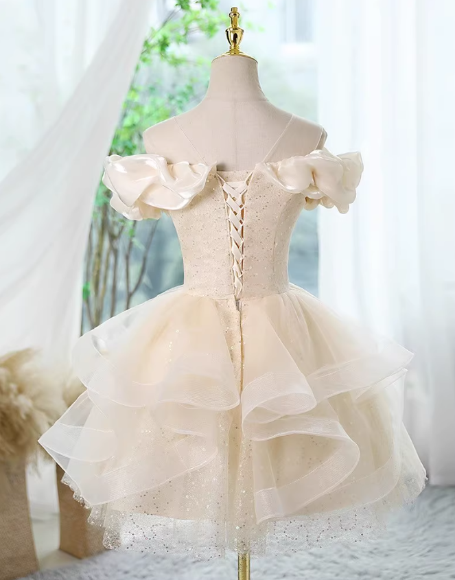 Champagne A-line off-the-shoulder tulle lace short prom dress, champagne homecoming dress ED01055