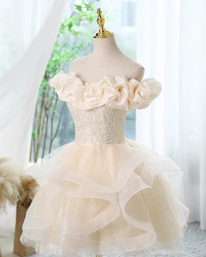 Champagne A-line off-the-shoulder tulle lace short prom dress, champagne homecoming dress ED01055