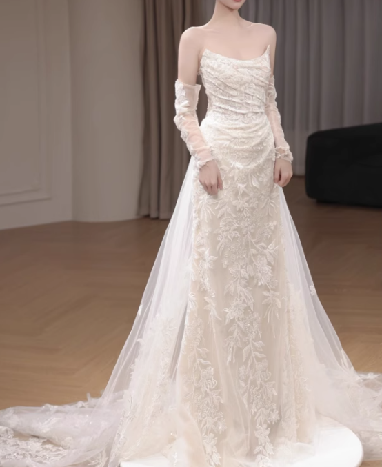 White mermaid tulle lace long prom dress, white wedding dress ED01061