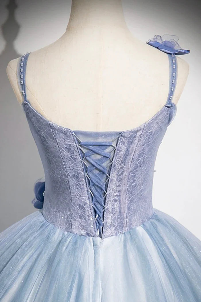 Blue A-Line Spaghetti Strap Tulle Floor Length Prom Dress, Pretty Evening Party Dress ED01062