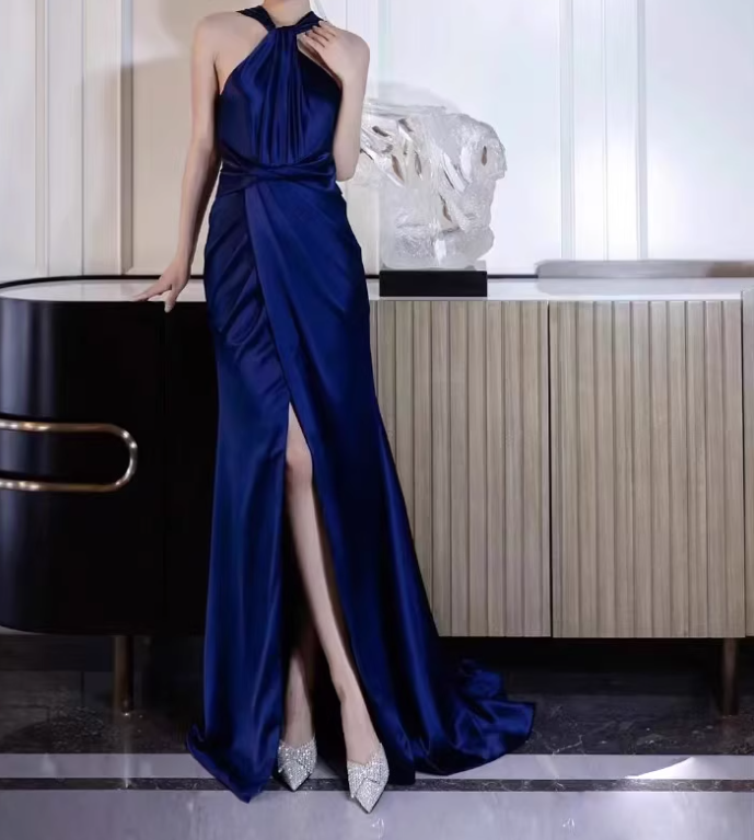 Blue mermaid satin long prom dress, blue evening dress ED01064