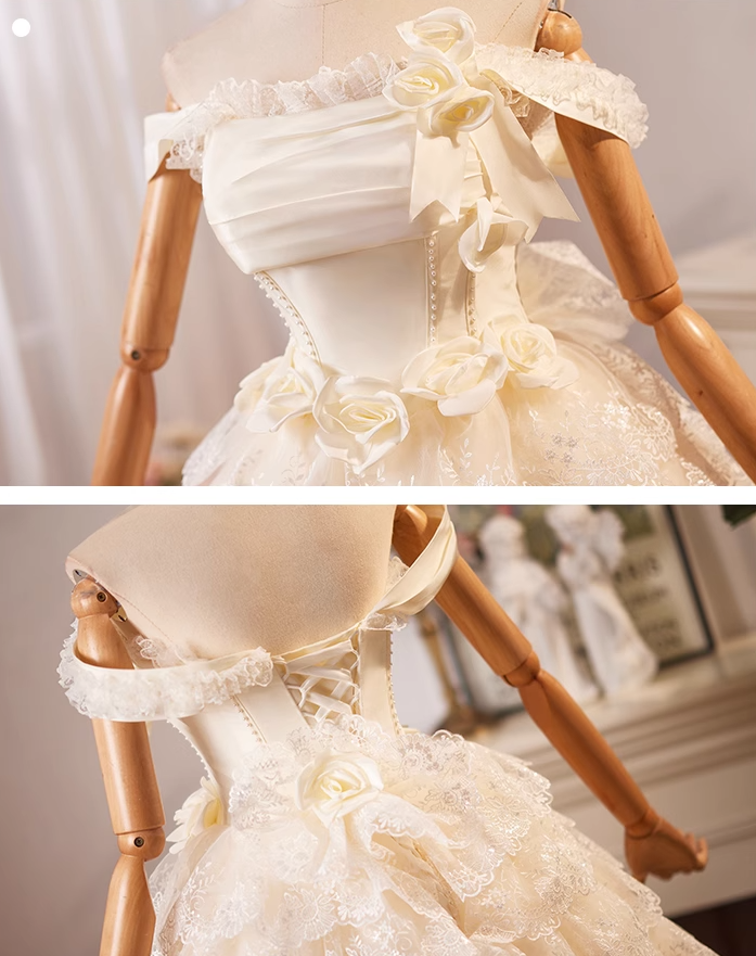 Champagne A-line off-the-shoulder satin tulle lace short prom dress, champagne birthday dress ED01069