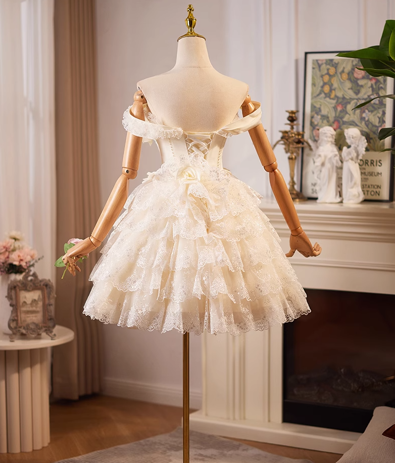Champagne A-line off-the-shoulder satin tulle lace short prom dress, champagne birthday dress ED01069