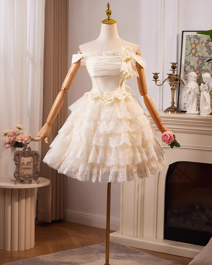 Champagne A-line off-the-shoulder satin tulle lace short prom dress, champagne birthday dress ED01069