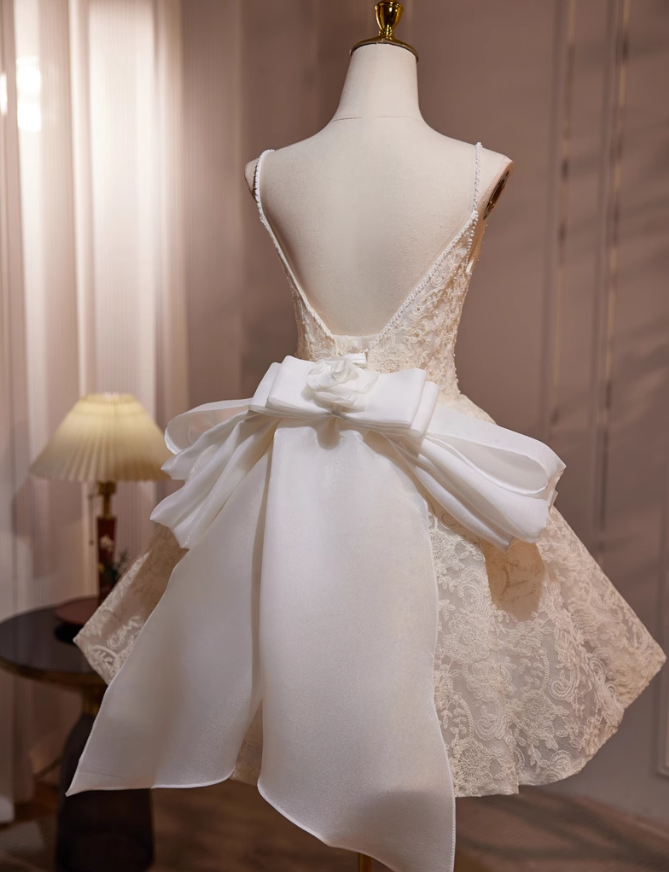 Off-white A-line v-neck mesh lace beaded short prom dress, Off-white birthday dress ED1070