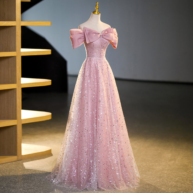 Pink A-line off-shoulder tulle sequin long prom dress, pink evening dress ED01100