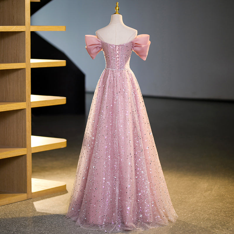 Pink A-line off-shoulder tulle sequin long prom dress, pink evening dress ED01100