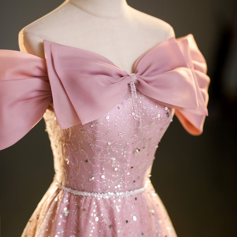 Pink A-line off-shoulder tulle sequin long prom dress, pink evening dress ED01100