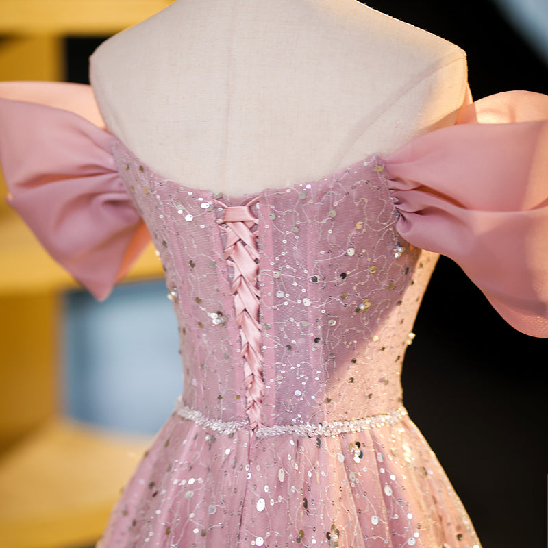 Pink A-line off-shoulder tulle sequin long prom dress, pink evening dress ED01100