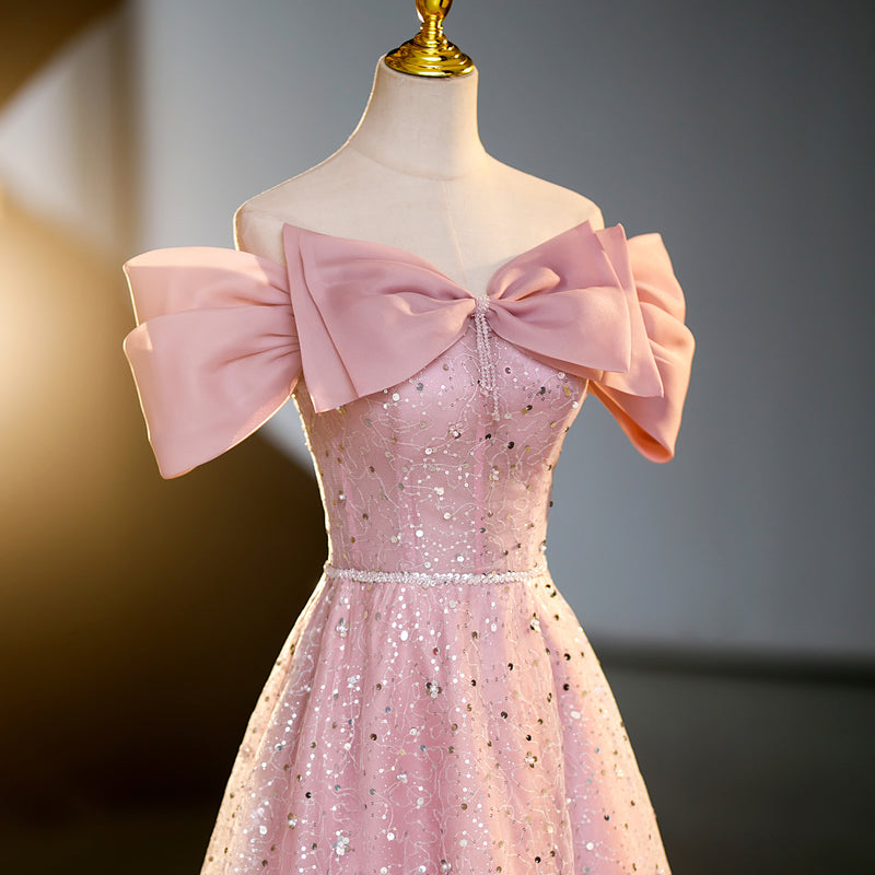 Pink A-line off-shoulder tulle sequin long prom dress, pink evening dress ED01100