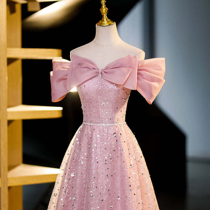 Pink A-line off-shoulder tulle sequin long prom dress, pink evening dress ED01100