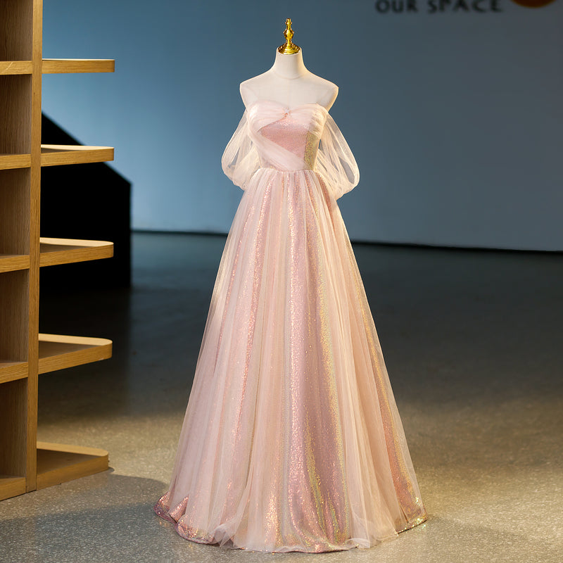 A-line pink sweetheart neckline tulle sequin long prom dress, pink evening dress ED01103
