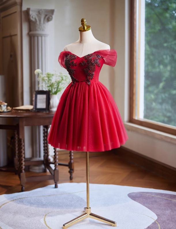 Red A-line tulle short prom dress, red bridesmaid dress ED01108
