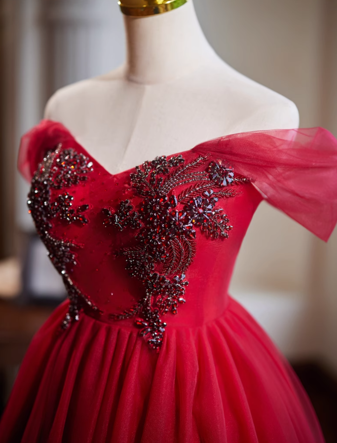 Red A-line tulle short prom dress, red bridesmaid dress ED01108