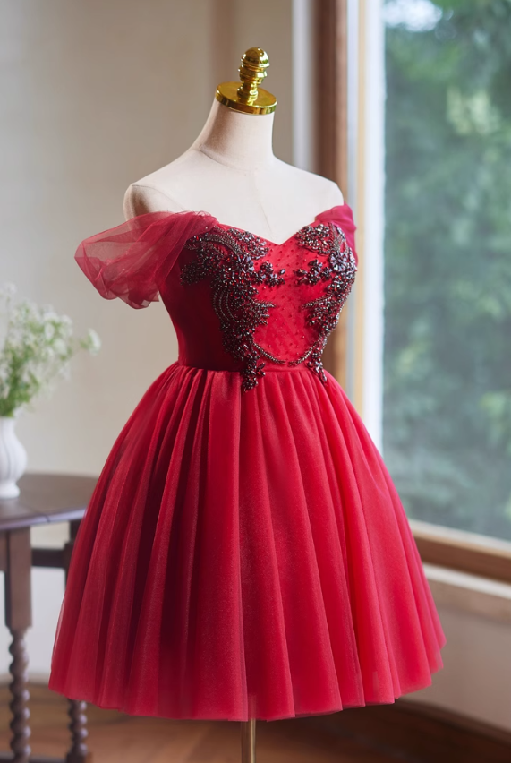 Red A-line tulle short prom dress, red bridesmaid dress ED01108