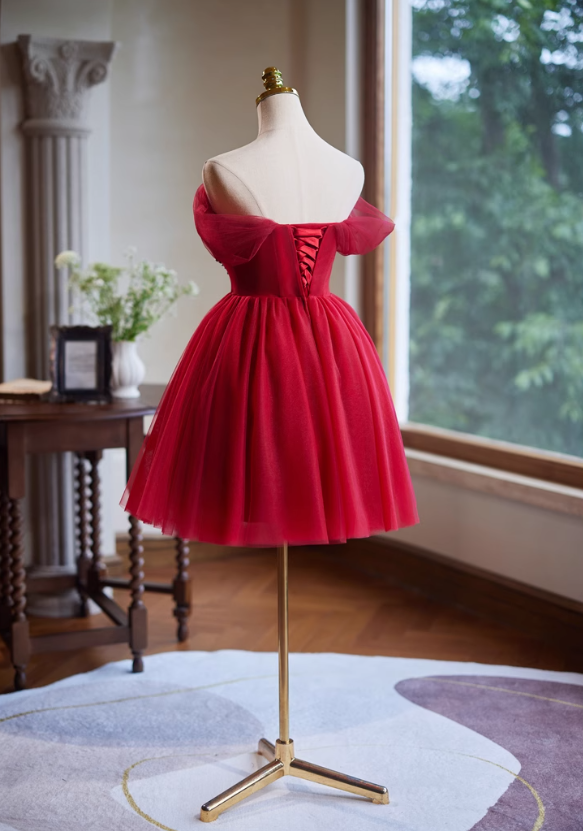 Red A-line tulle short prom dress, red bridesmaid dress ED01108
