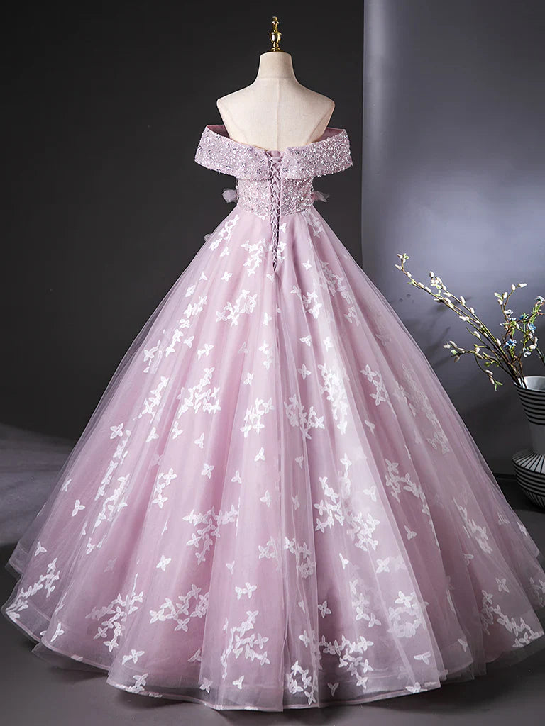 A-Line Off Shoulder Tulle Lace Pink Long Prom Dress, Pink Long Formal Dress ED01110