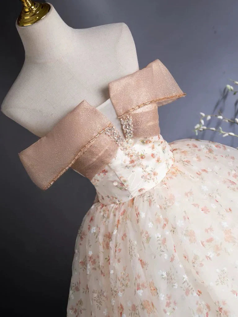A-Line Off Shoulder Tulle Lace Champagne Long Prom Dress, Champagne Formal Dress ED01111