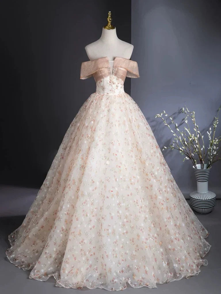 A-Line Off Shoulder Tulle Lace Champagne Long Prom Dress, Champagne Formal Dress ED01111