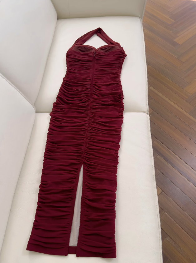 Burgundy tight dress halter neck evening dress birthday dress ED01114