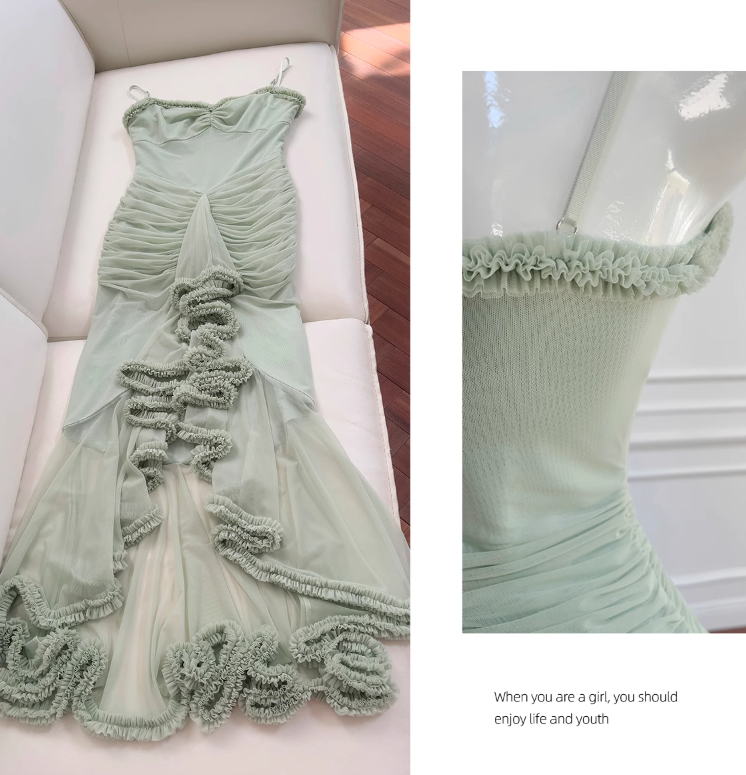 Pea green suspender long dress ED01122