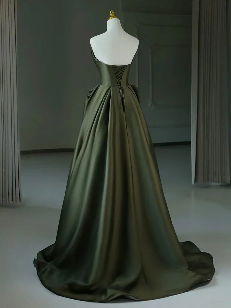 A-Line V Neck Satin Green Long Prom Dress, Green Long Formal Dress ED01138