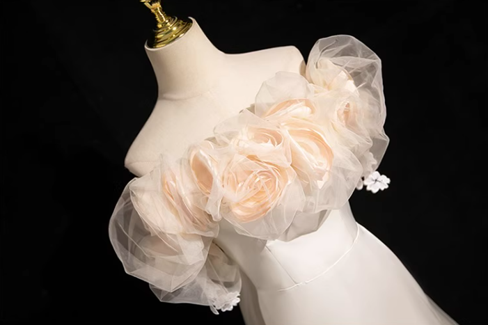 Off-white A-line off-the-shoulder satin tulle long prom dress, off-white formal dress ED01142