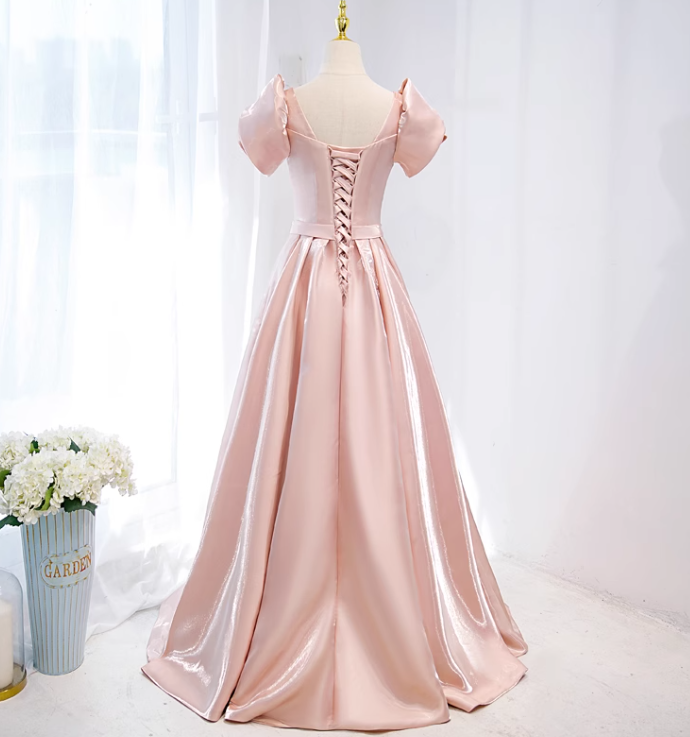 Pink A-line V-neck satin long prom dress, pink formal long dress ED01148