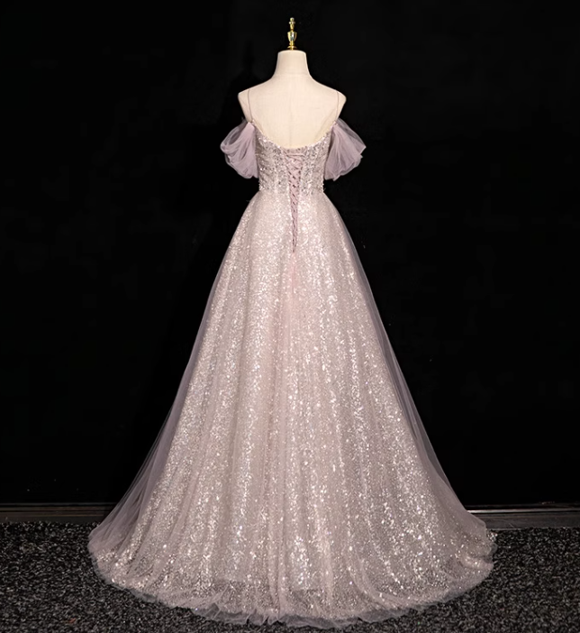 Pink A-line off-shoulder sequined tulle long prom dress, pink formal long dress ED01150