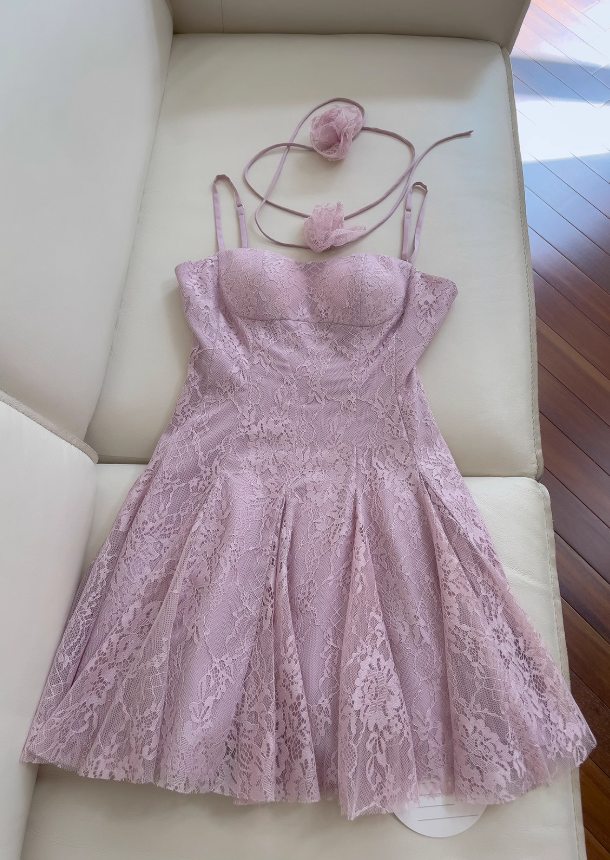 Light purple A-line spaghetti strap lace short prom dress, purple homecoming dress ED01155