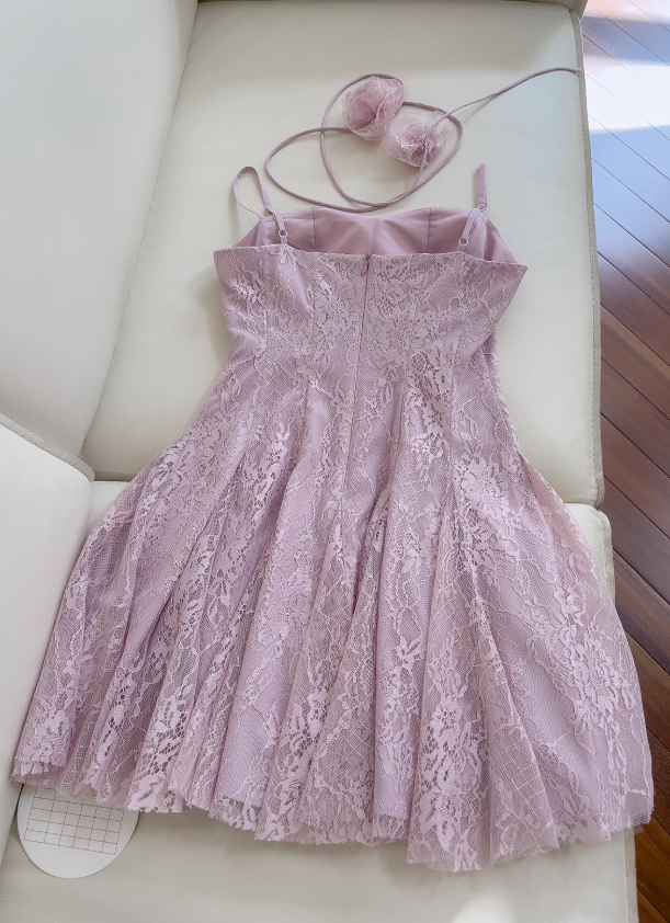 Light purple A-line spaghetti strap lace short prom dress, purple homecoming dress ED01155