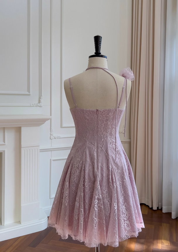 Light purple A-line spaghetti strap lace short prom dress, purple homecoming dress ED01155
