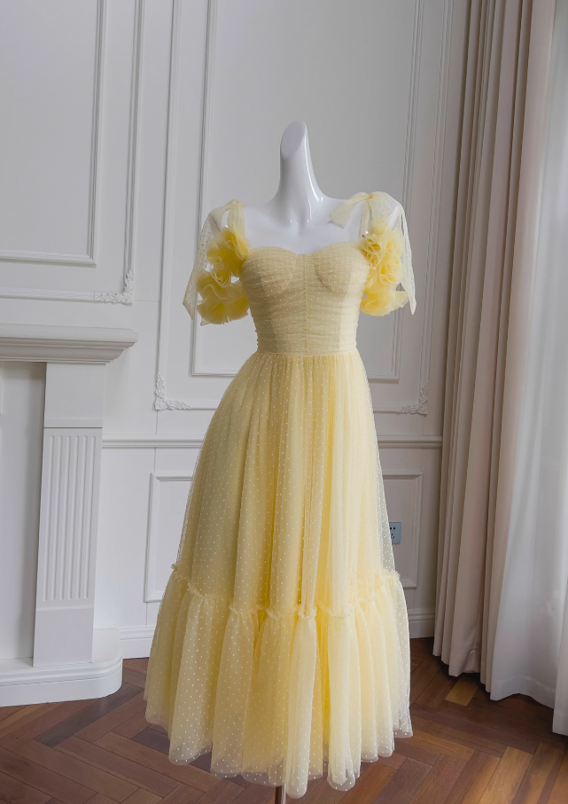 Yellow A-line sweetheart neck tulle short prom dress, yellow homecoming dress ED01156