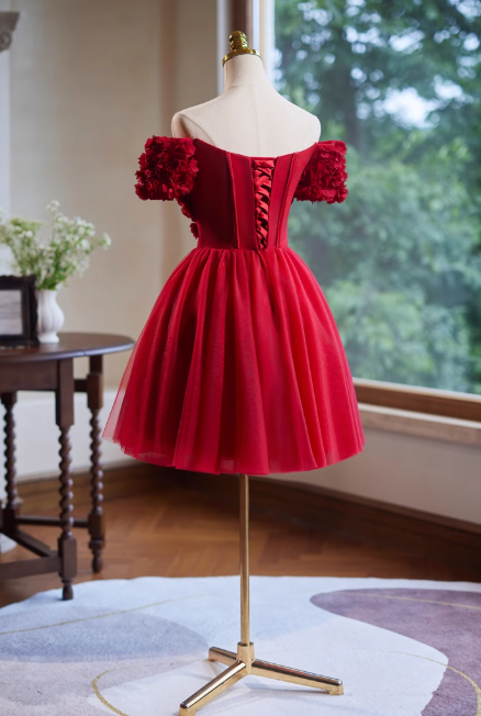 Burgundy A-line off-the-shoulder tulle short prom dress, Burgundy engagement dress homecoming dress ED01160