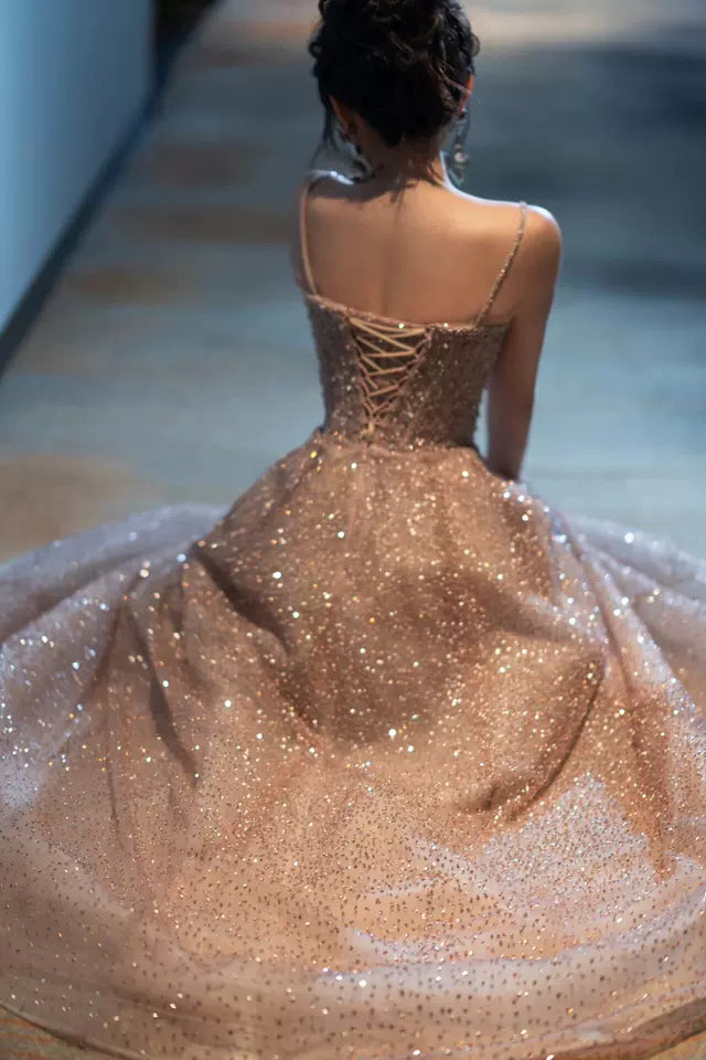 Pink A-line tulle beaded long prom dress, pink formal long dress ED01173