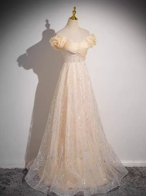 Champagne A-line off-the-shoulder tulle sequined long prom dress, sweet 16 dress ED01174