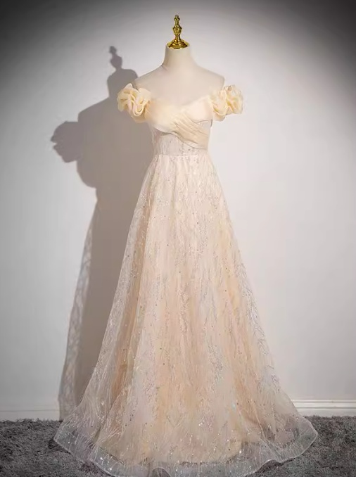 Champagne A-line off-the-shoulder tulle sequined long prom dress, sweet 16 dress ED01174