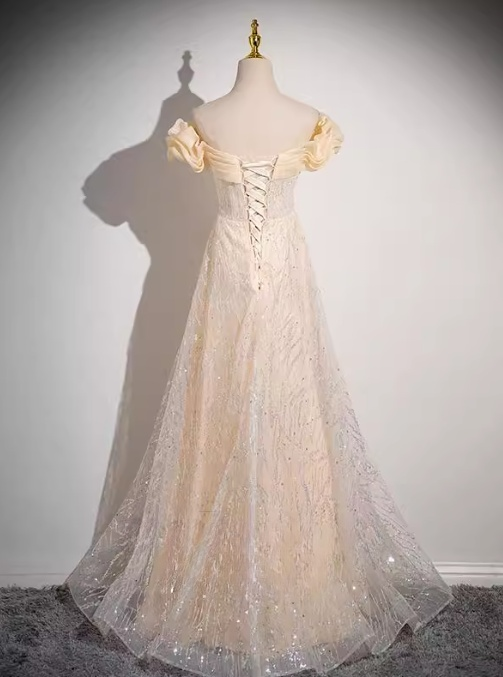Champagne A-line off-the-shoulder tulle sequined long prom dress, sweet 16 dress ED01174