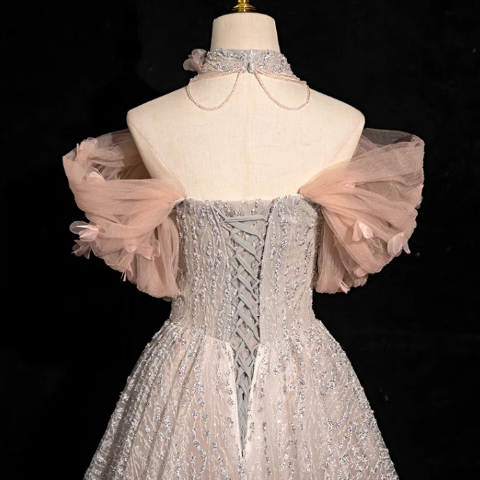 A-line V-neck tulle sequin long prom dress, formal long dress ED01178