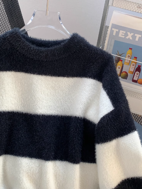 New loose lazy style mink black and white striped mid-length sweater ED0117